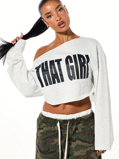 SXV Oversized Cropped Off Shoulder Graphic Sweatshirt With That Girl Text Print Long Sleeve Casual Winter Top