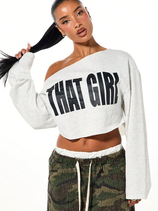 SXV Oversized Cropped Off Shoulder Graphic Sweatshirt With That Girl Text Print Long Sleeve Casual Winter Top