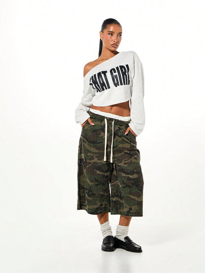 SXV Oversized Cropped Off Shoulder Graphic Sweatshirt With That Girl Text Print Long Sleeve Casual Winter Top