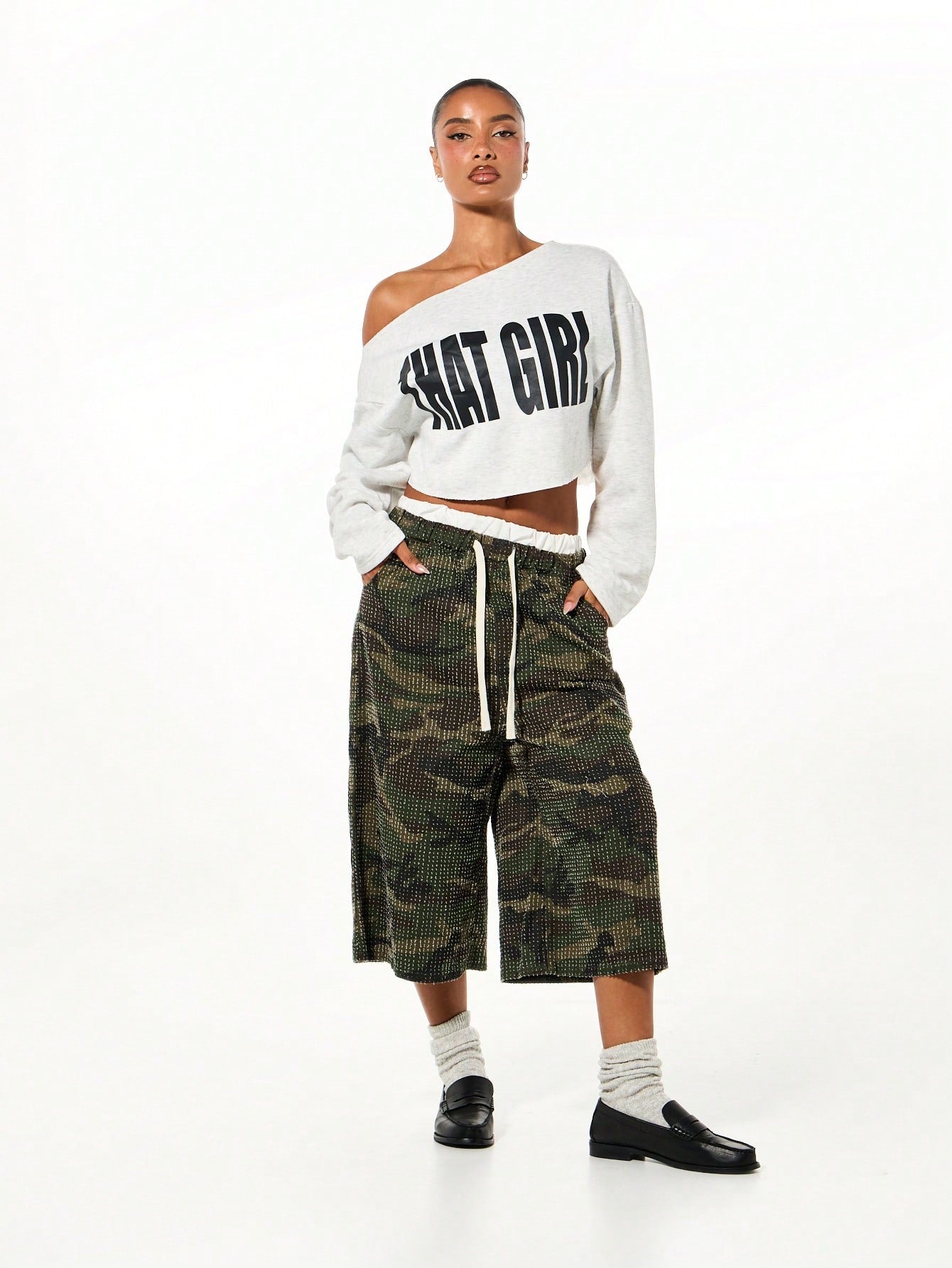 SXV Oversized Cropped Off Shoulder Graphic Sweatshirt With That Girl Text Print Long Sleeve Casual Winter Top