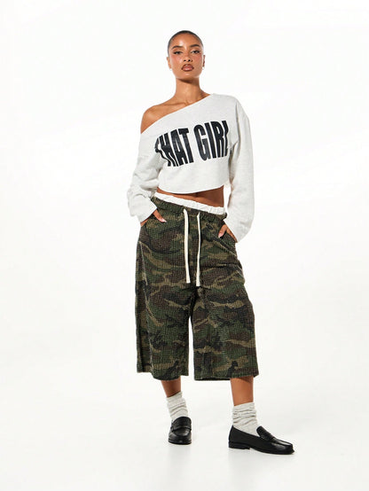 SXV Oversized Cropped Off Shoulder Graphic Sweatshirt With That Girl Text Print Long Sleeve Casual Winter Top