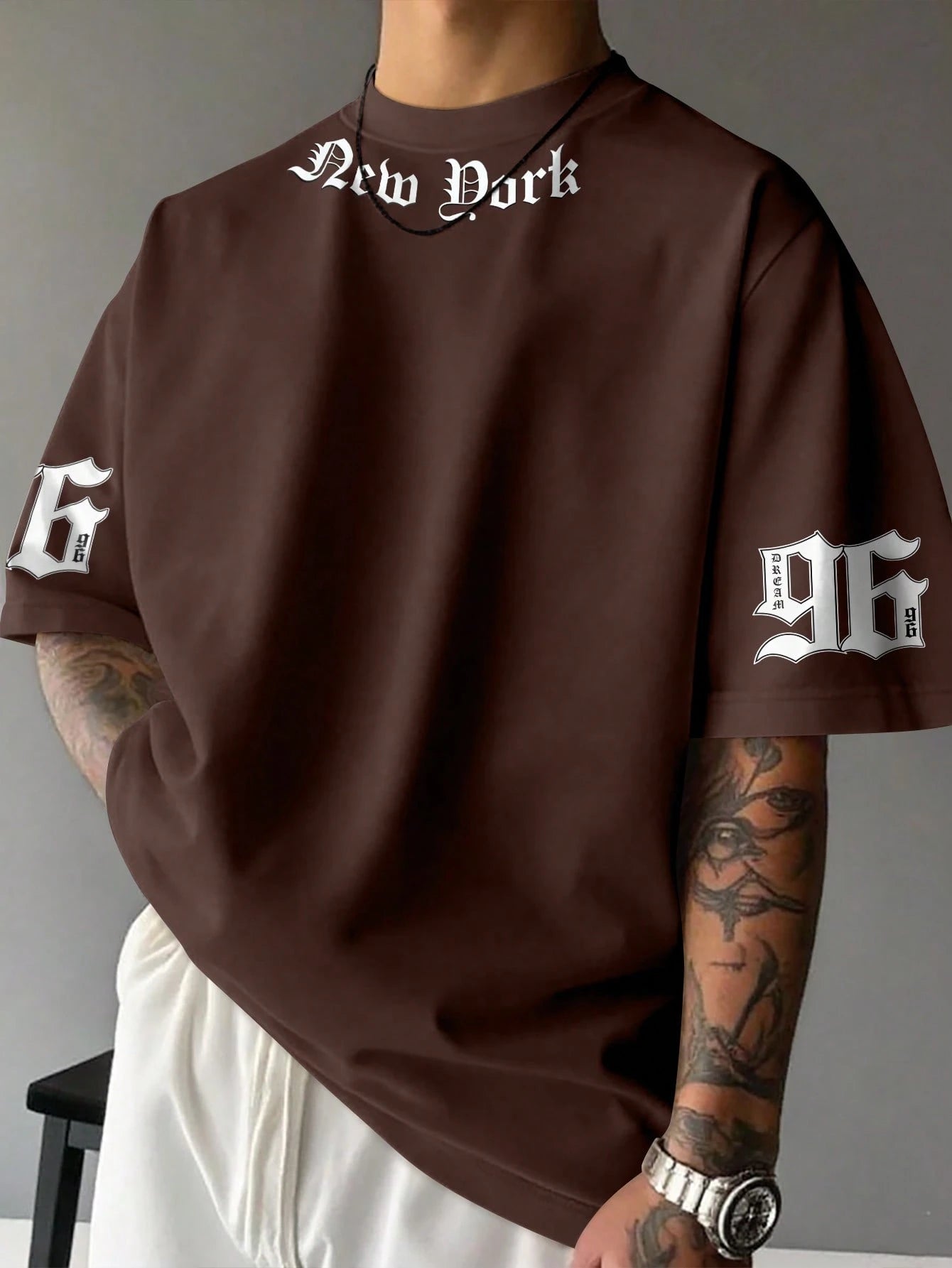 SXV DARK 96 Letter Print Cheongsam Pattern Round Neck Short Sleeve T-Shirt