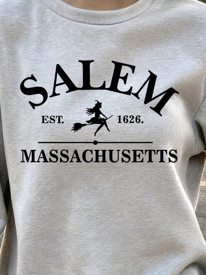 SXV SALEM MASSACHUSETTS, Witch Themed Graphic Oversized Casual Crew Neck Long Sleeve Sweatshirt For Women