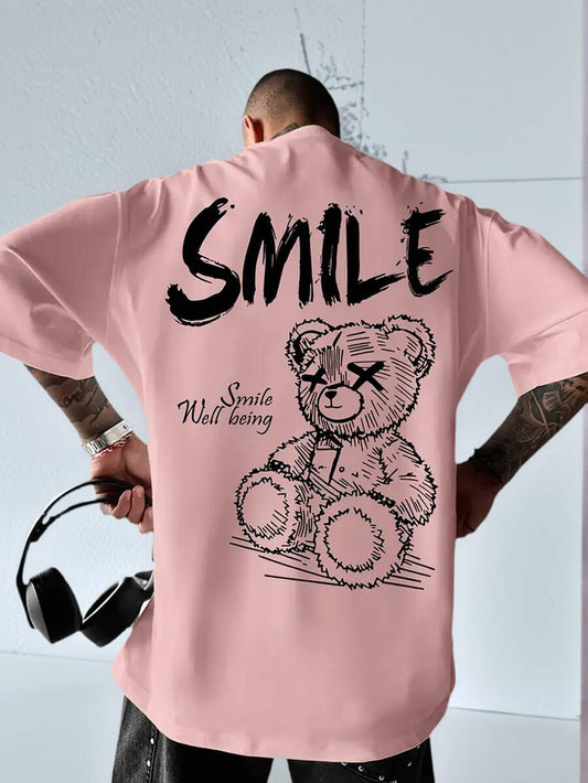 SXV SMILE Letter Print Round Neck Short Sleeve T-Shirt, Coffee Color