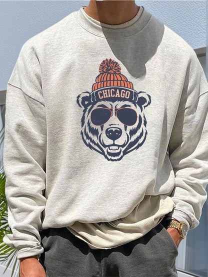 SXV Zrgoth Men's Round Neck Casual Bear Head Print Loose Comfortable Sweatshirt  Chicago Element Design