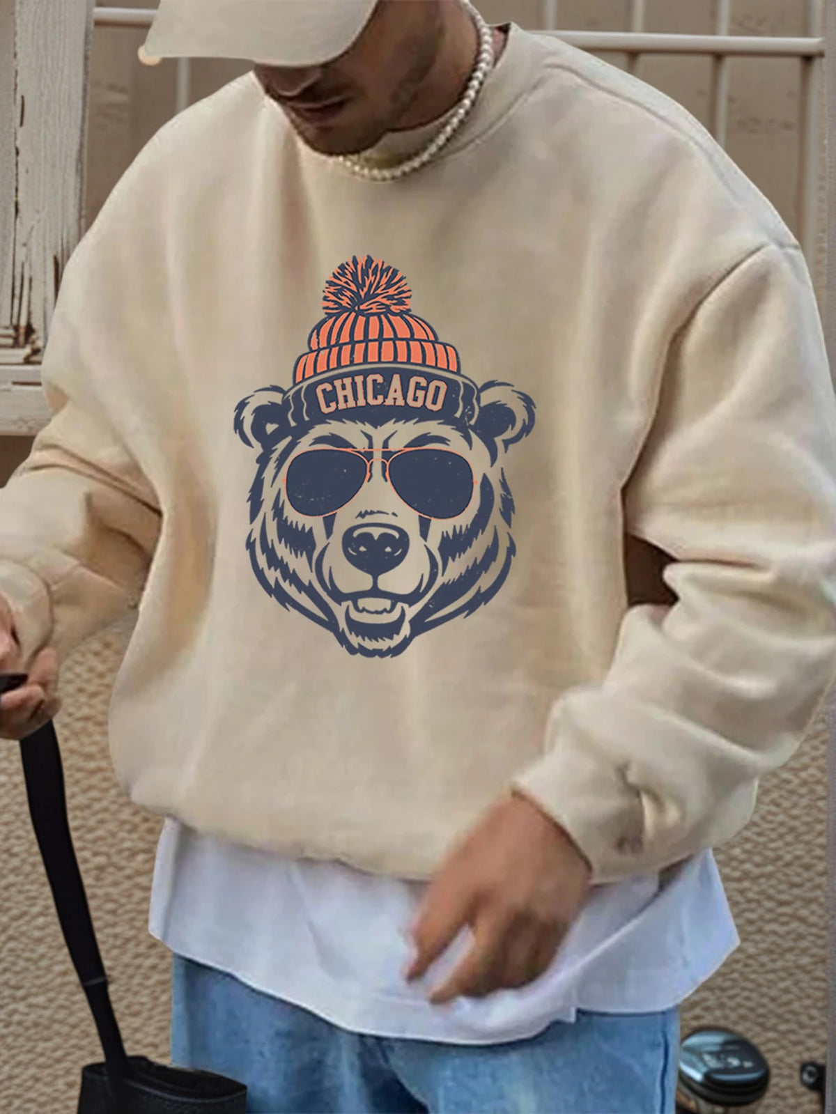 SXV Zrgoth Men's Round Neck Casual Bear Head Print Loose Comfortable Sweatshirt  Chicago Element Design