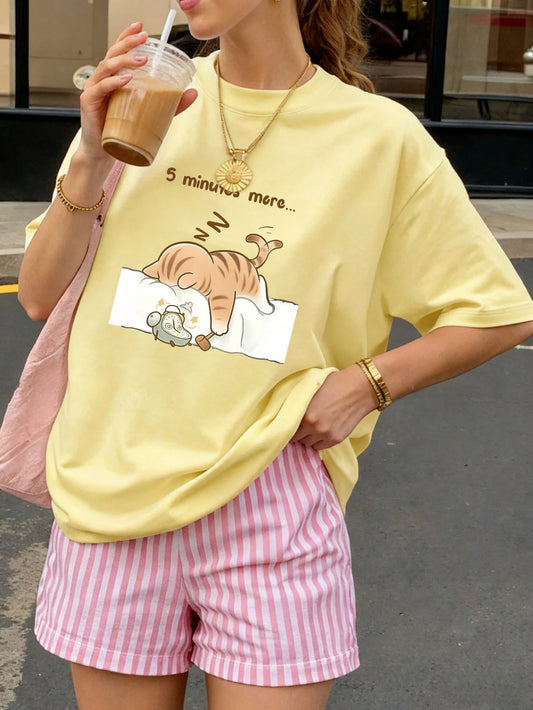 SXV Summer Round Neck Short Sleeve T-Shirt, Cat Napping