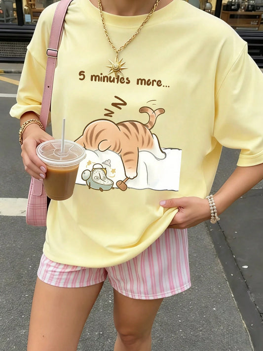 SXV Summer Round Neck Short Sleeve T-Shirt, Cat Napping