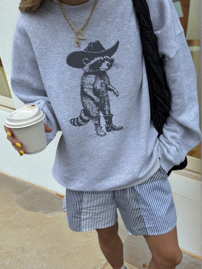 SXV Winter New Simple Ins Style Raccoon Graphic Round Neck Casual Pullover Sweatshirt