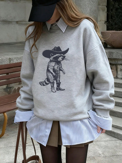 SXV Winter New Simple Ins Style Raccoon Graphic Round Neck Casual Pullover Sweatshirt