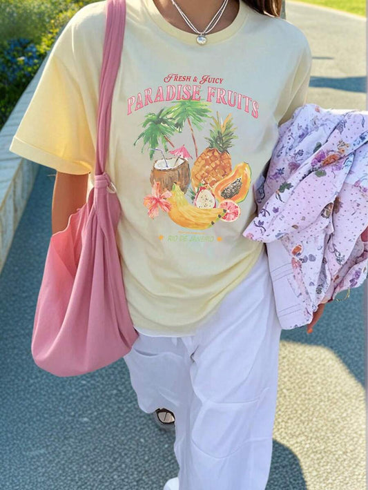 SXV Minimalist Tropical Fruit Print Design Casual Everyday Round Neck Short Sleeve T-Shirt