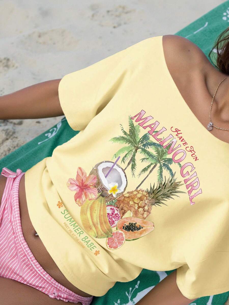SXV Women's Loose Asymmetric-Shoulder T-Shirt With Fruit & Coconut Pattern