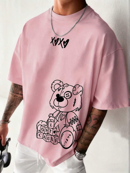 SXV Versatile Minimalist Bear Print Line Art Animals Short Sleeve T-Shirt