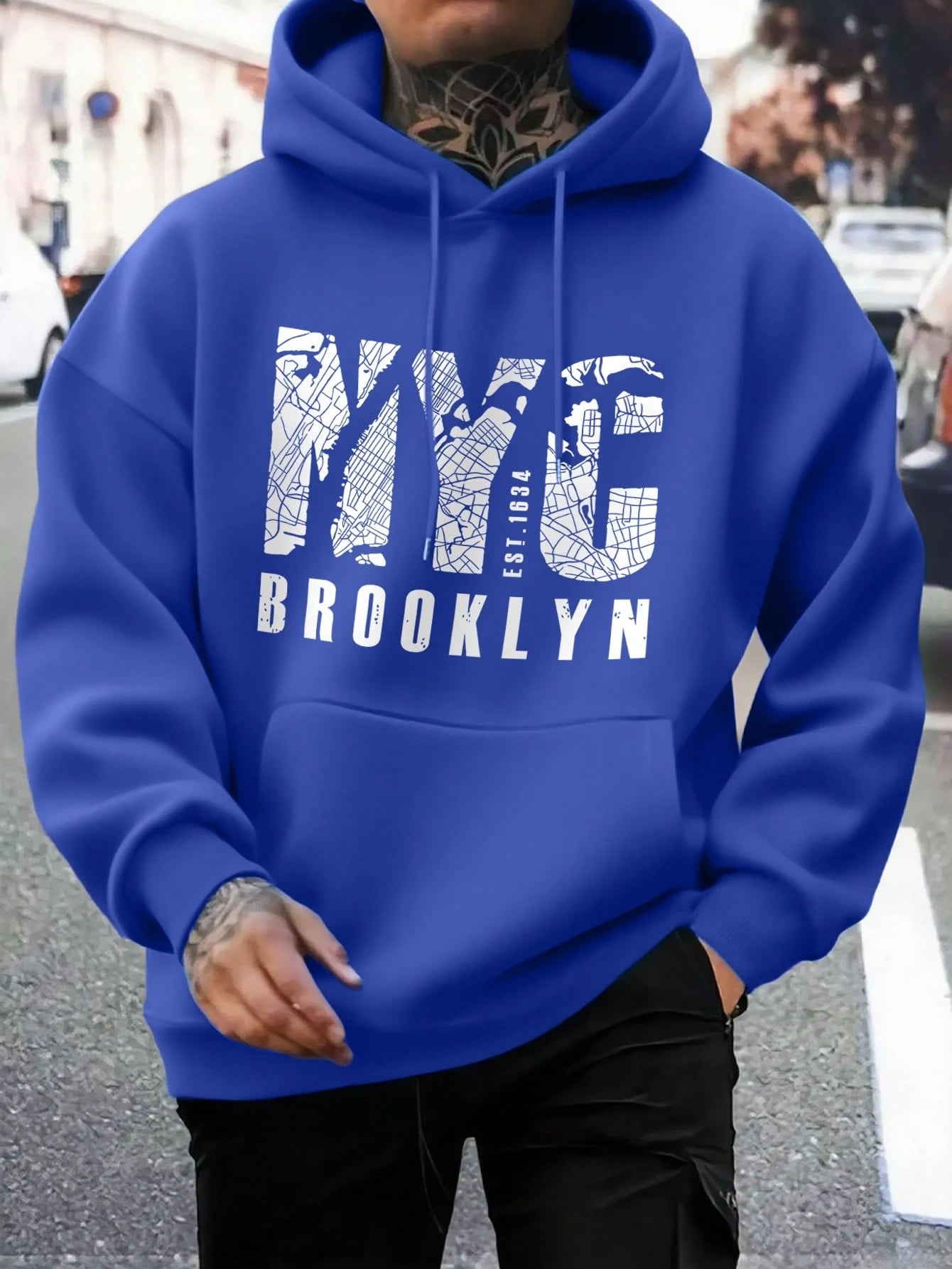 SXV NYC BROOKLYN Men's Letter Print Long Sleeve Pocket Drawstring Hoodie Sweatshirt