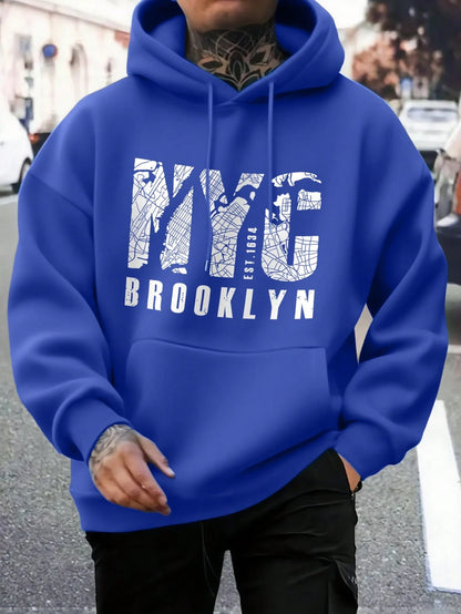 SXV NYC BROOKLYN Men's Letter Print Long Sleeve Pocket Drawstring Hoodie Sweatshirt