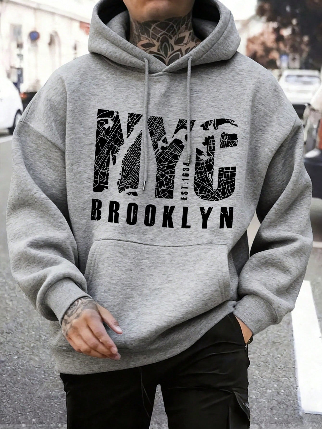 SXV NYC BROOKLYN Men's Letter Print Long Sleeve Pocket Drawstring Hoodie Sweatshirt