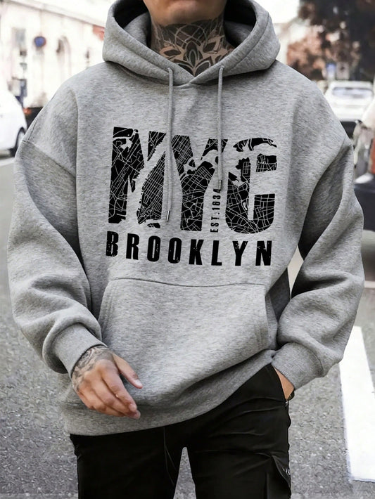 SXV NYC BROOKLYN Men's Letter Print Long Sleeve Pocket Drawstring Hoodie Sweatshirt