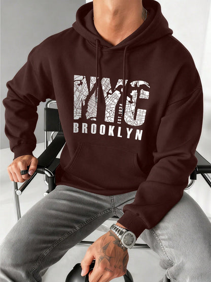 SXV NYC BROOKLYN Men's Letter Print Long Sleeve Pocket Drawstring Hoodie Sweatshirt