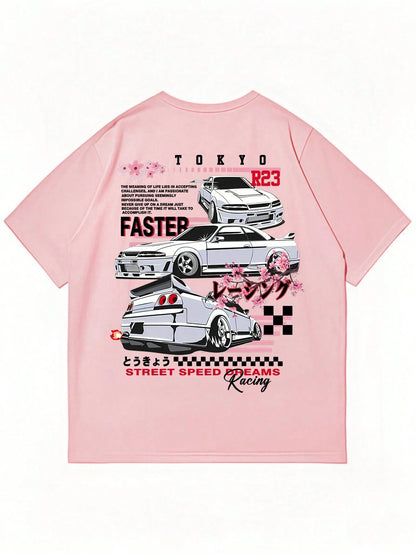 SXV Racing Enthusiasts Must-Have! Men's Summer Japanese Cherry Blossom & Car Element Print Crew Neck Short Sleeve T-Shirt