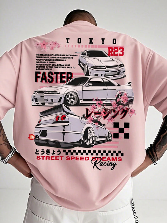 SXV Racing Enthusiasts Must-Have! Men's Summer Japanese Cherry Blossom & Car Element Print Crew Neck Short Sleeve T-Shirt