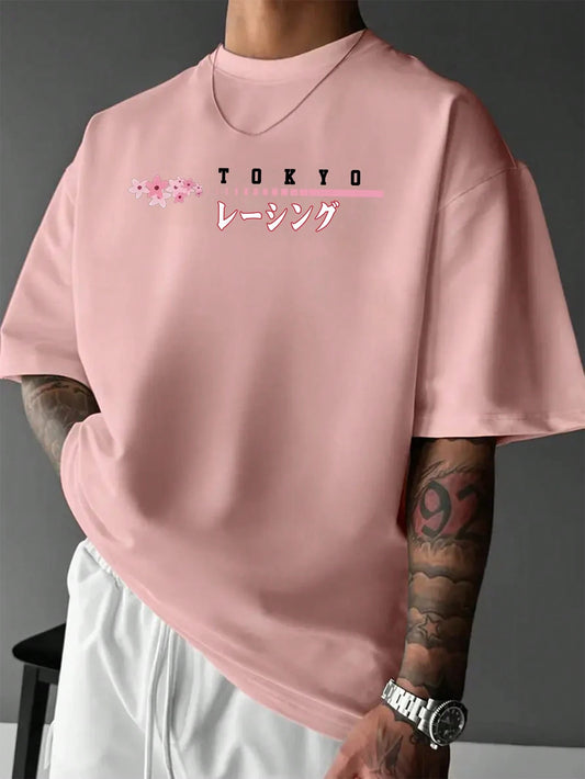 SXV Racing Enthusiasts Must-Have! Men's Summer Japanese Cherry Blossom & Car Element Print Crew Neck Short Sleeve T-Shirt
