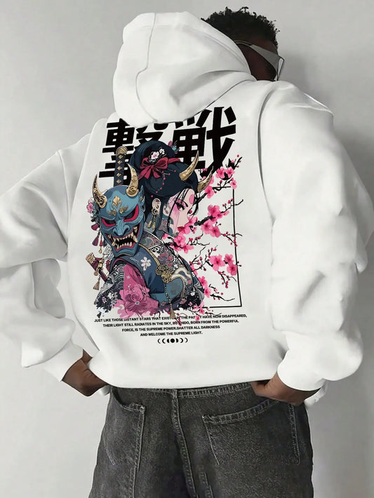 SXV Casual Fashionable Street Style Everyday Commute Japanese Anime Character Slogan Print Kangaroo Pocket Drawstring Hoodie