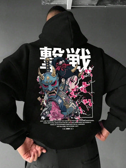 SXV Casual Fashionable Street Style Everyday Commute Japanese Anime Character Slogan Print Kangaroo Pocket Drawstring Hoodie