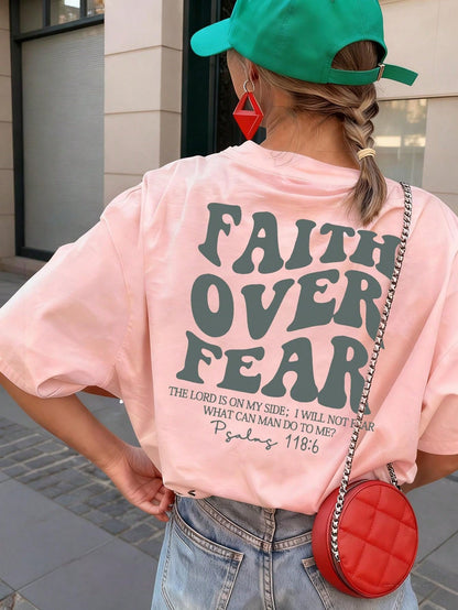 SXV Women's Belief Overcomes Fear Letter Print Casual Round Neck Short Sleeve T-Shirt