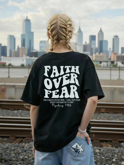 SXV Women's Belief Overcomes Fear Letter Print Casual Round Neck Short Sleeve T-Shirt
