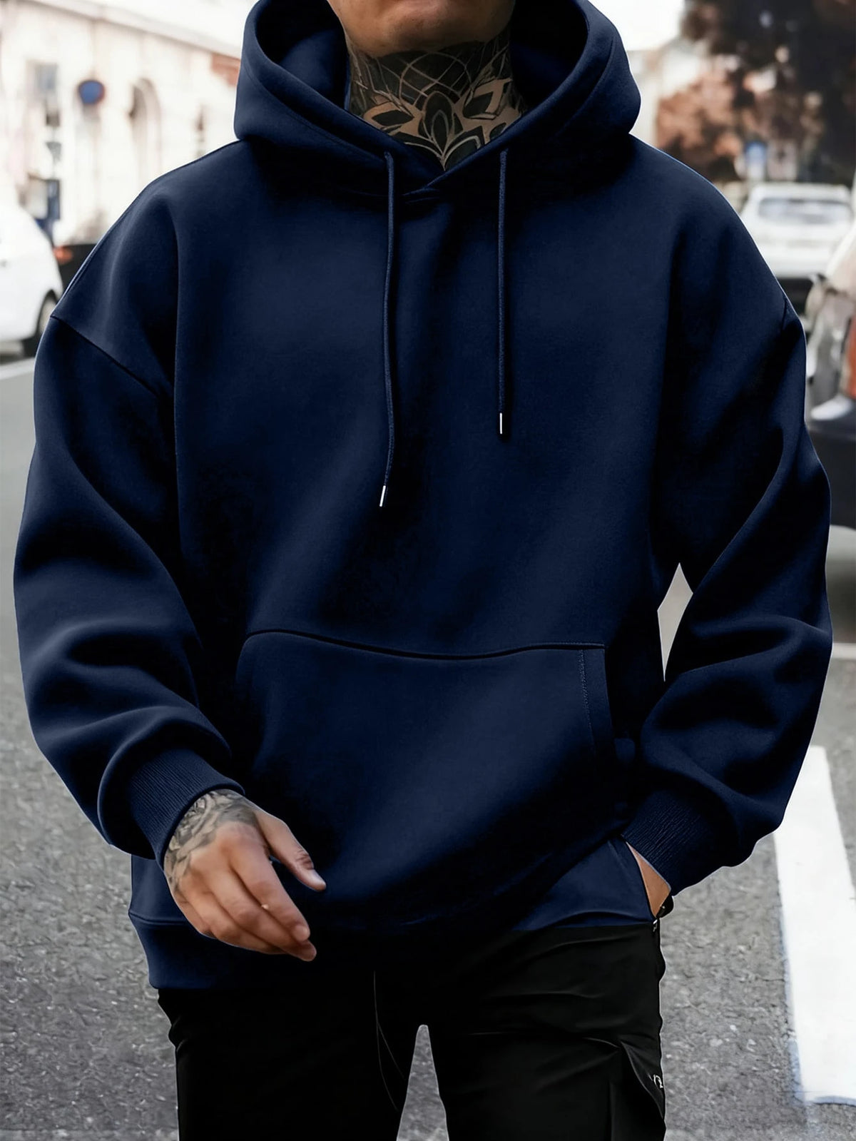 SXV Men's Casual Minimalist Solid Color Kangaroo Pocket Drawstring Hoodie, Suitable For Daily Commute, Autumn