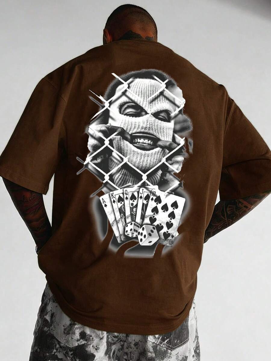 SXV Summer Short Sleeve T-Shirt - Brown, With Character And Playing Card Graphic Print