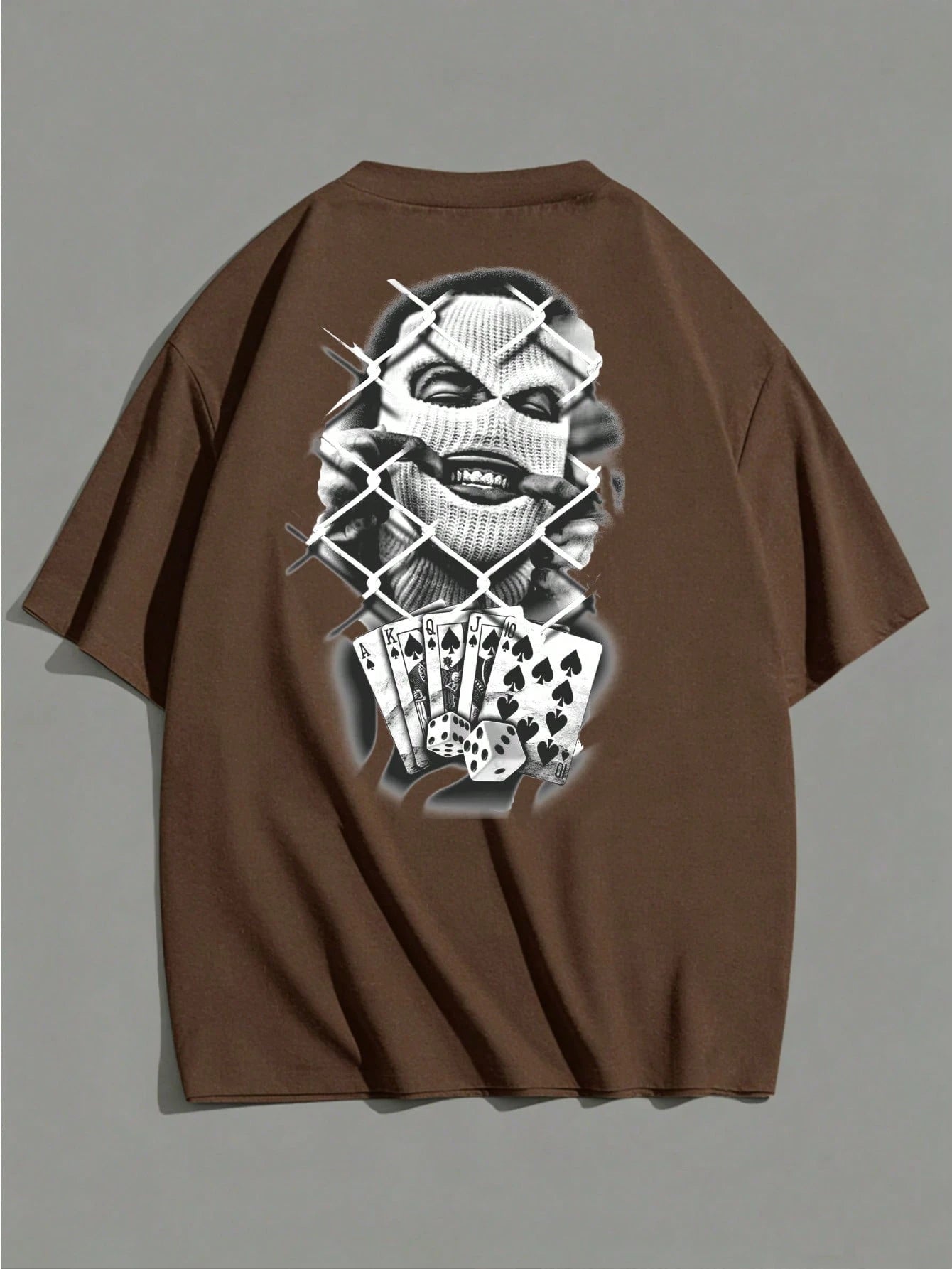 SXV Summer Short Sleeve T-Shirt - Brown, With Character And Playing Card Graphic Print