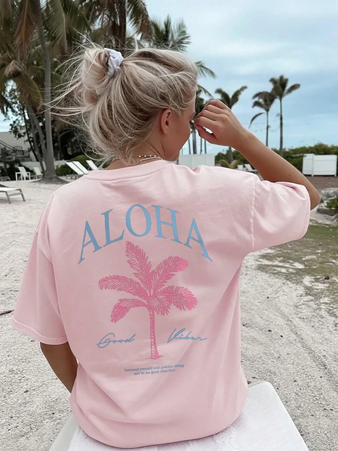 SXV Summer New Palm Tree Slogan Print Casual Round Neck Short Sleeve T-Shirt