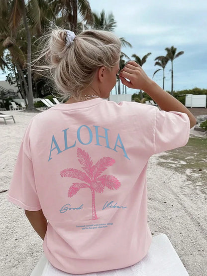 SXV Summer New Palm Tree Slogan Print Casual Round Neck Short Sleeve T-Shirt