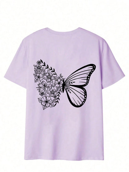 SXV Cute Pattern Butterfly Casual Vacation Style Loose Versatile Round Neck Short Sleeve T-Shirt