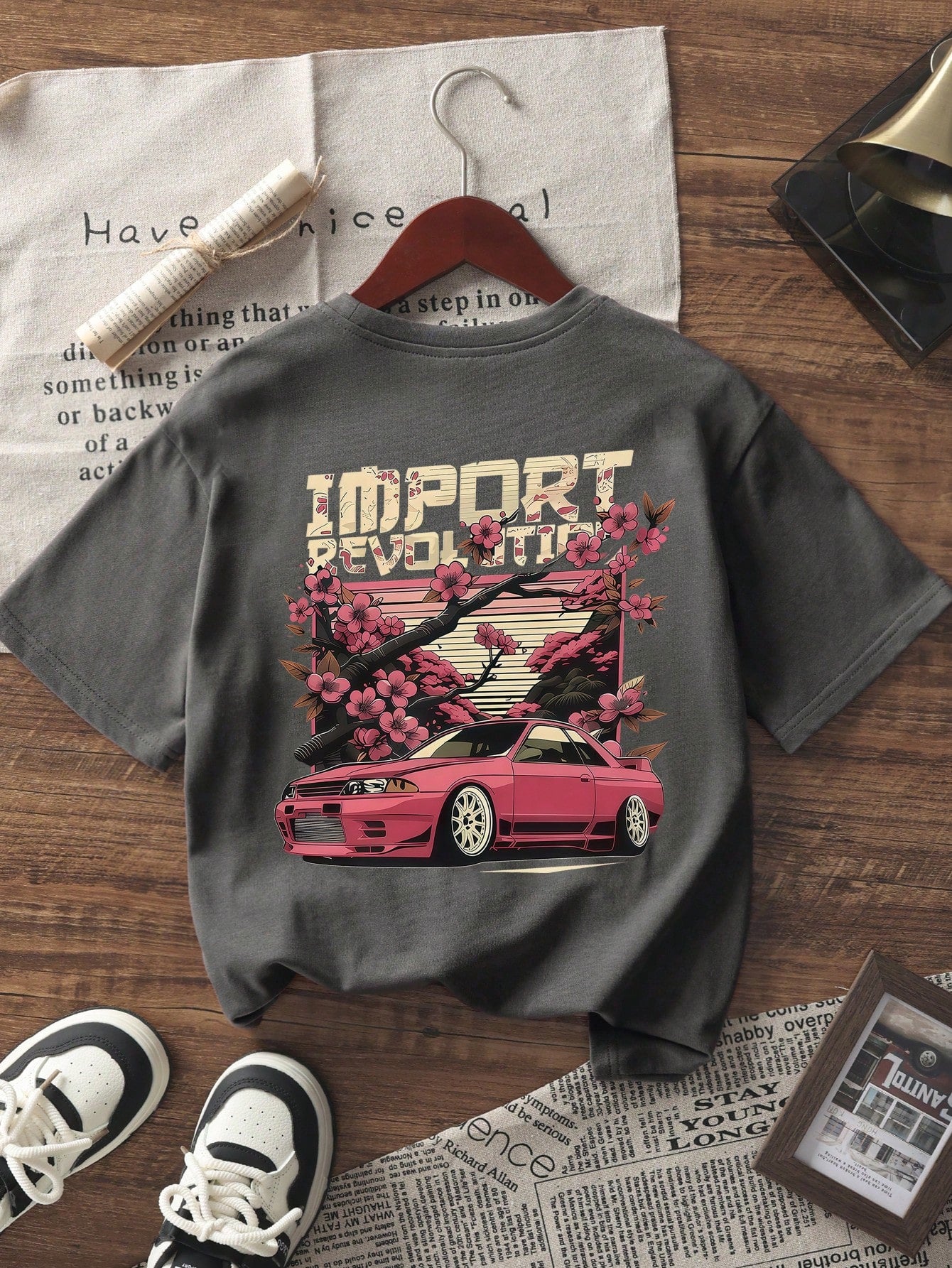 SXV Summer New Casual Chic Floral & Racing Car Graphic Print Round Neck Short Sleeve T-Shirt