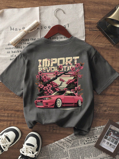 SXV Summer New Casual Chic Floral & Racing Car Graphic Print Round Neck Short Sleeve T-Shirt