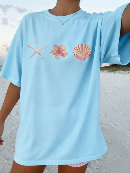SXV Shell & Starfish Print Casual Vacation Style Baggy Tee