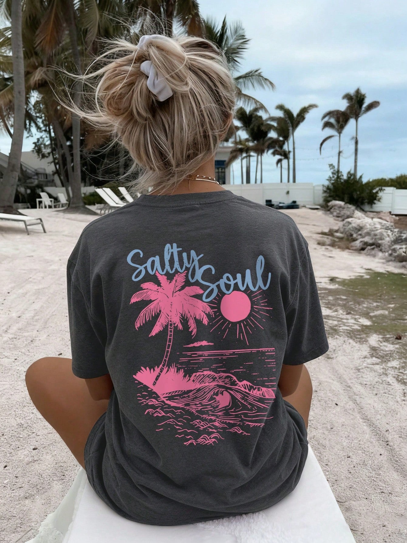SXV Summer New Coconut Tree Print Casual Round Neck Short Sleeve T-Shirt