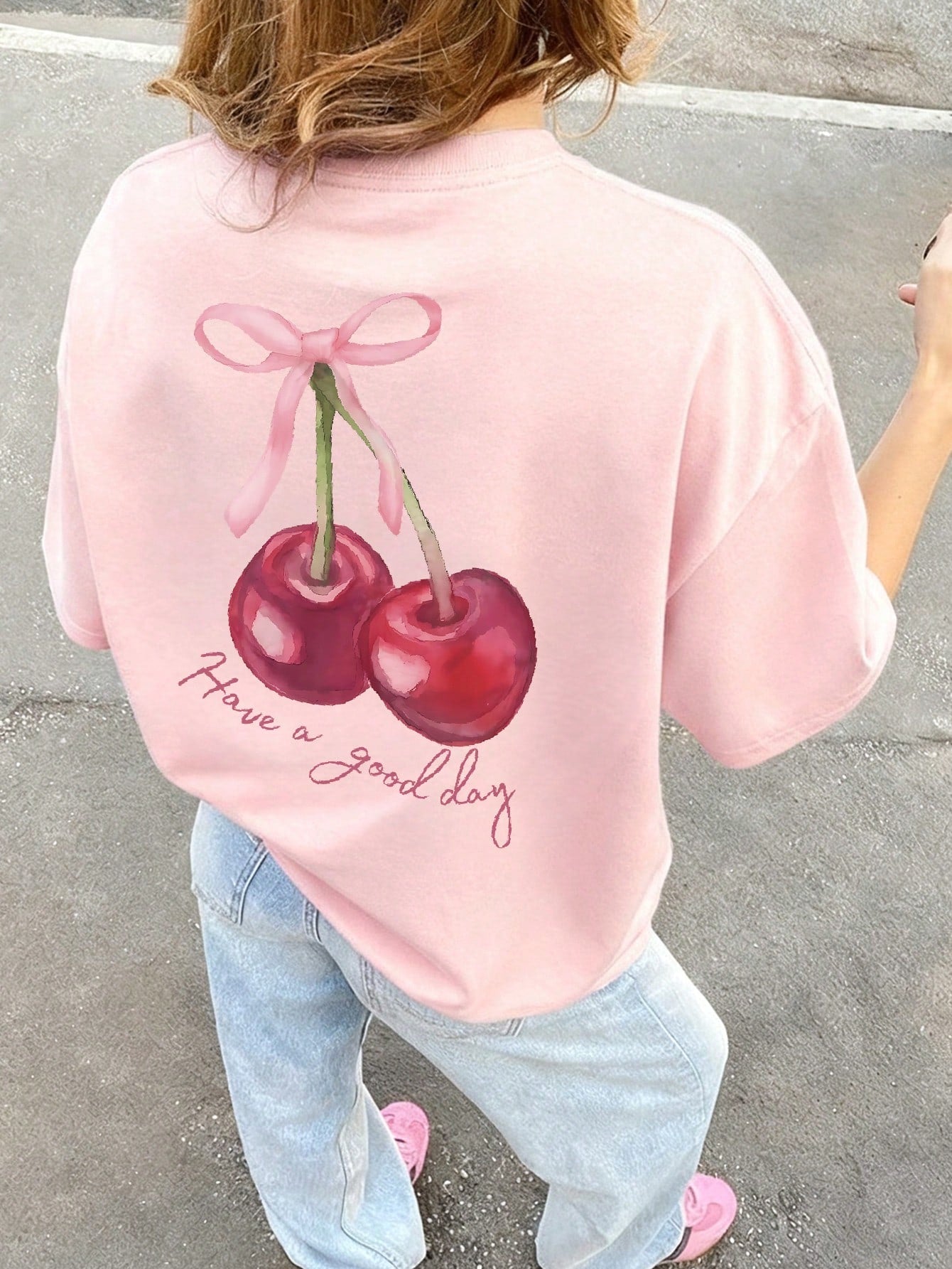 SXV cherry bow have a good day Letter Print Cheongsam Pattern Round Neck Short Sleeve T-Shirt