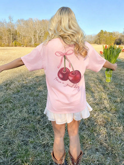 SXV cherry bow have a good day Letter Print Cheongsam Pattern Round Neck Short Sleeve T-Shirt