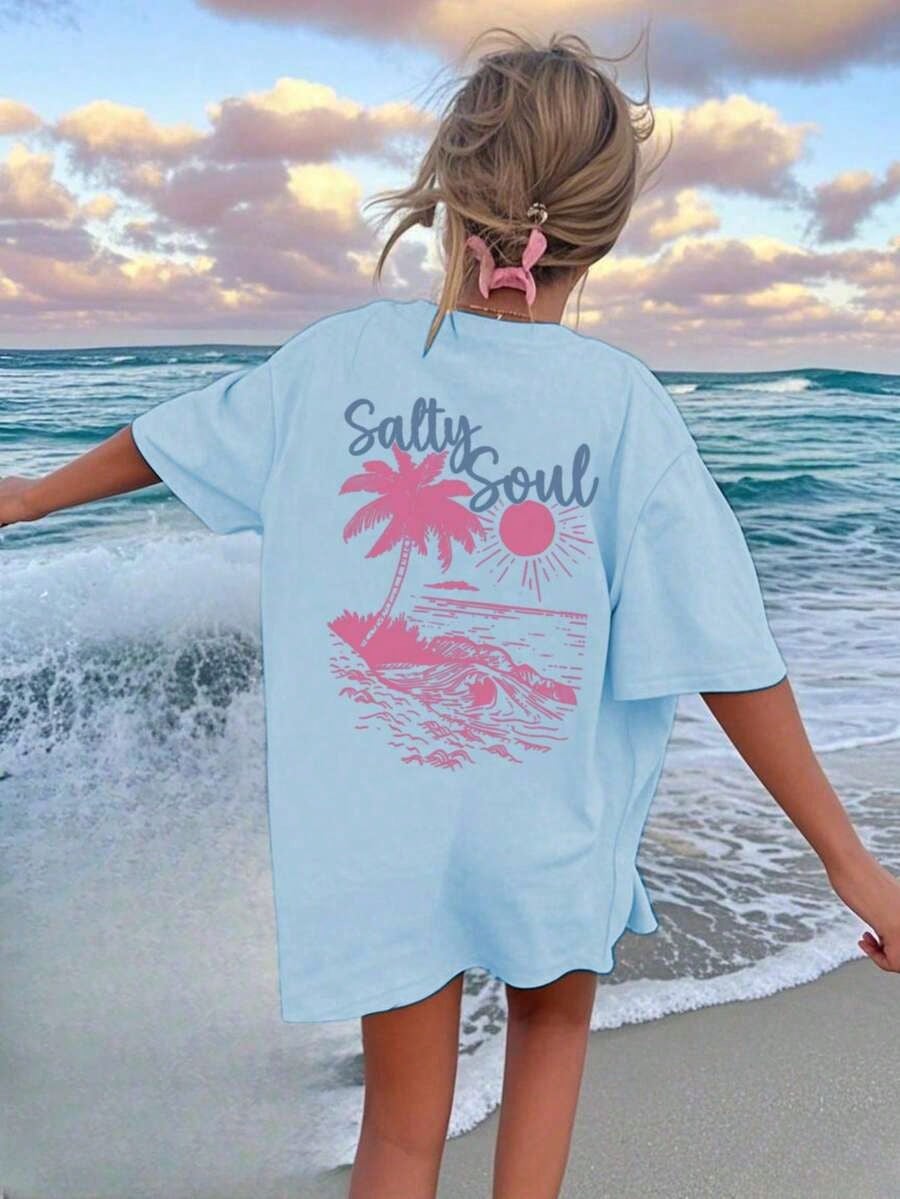 SXV Summer New Coconut Tree & Sunshine Print Casual Round Neck Short Sleeve T-Shirt