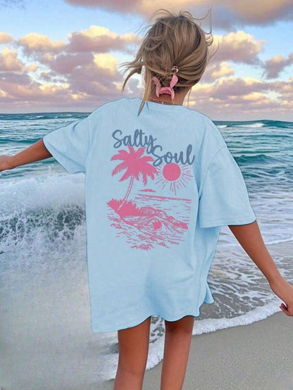 SXV Summer New Coconut Tree & Sunshine Print Casual Round Neck Short Sleeve T-Shirt