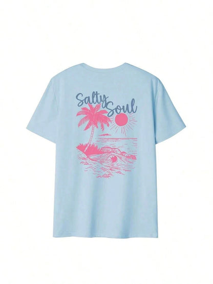 SXV Summer New Coconut Tree & Sunshine Print Casual Round Neck Short Sleeve T-Shirt