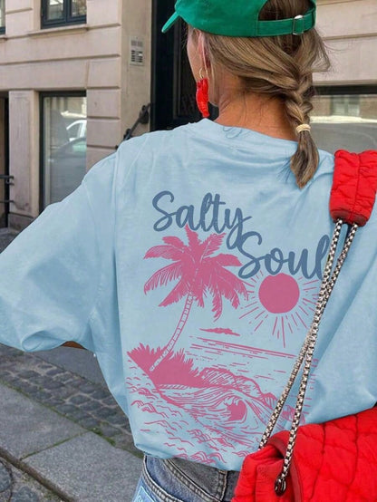 SXV Summer New Coconut Tree & Sunshine Print Casual Round Neck Short Sleeve T-Shirt
