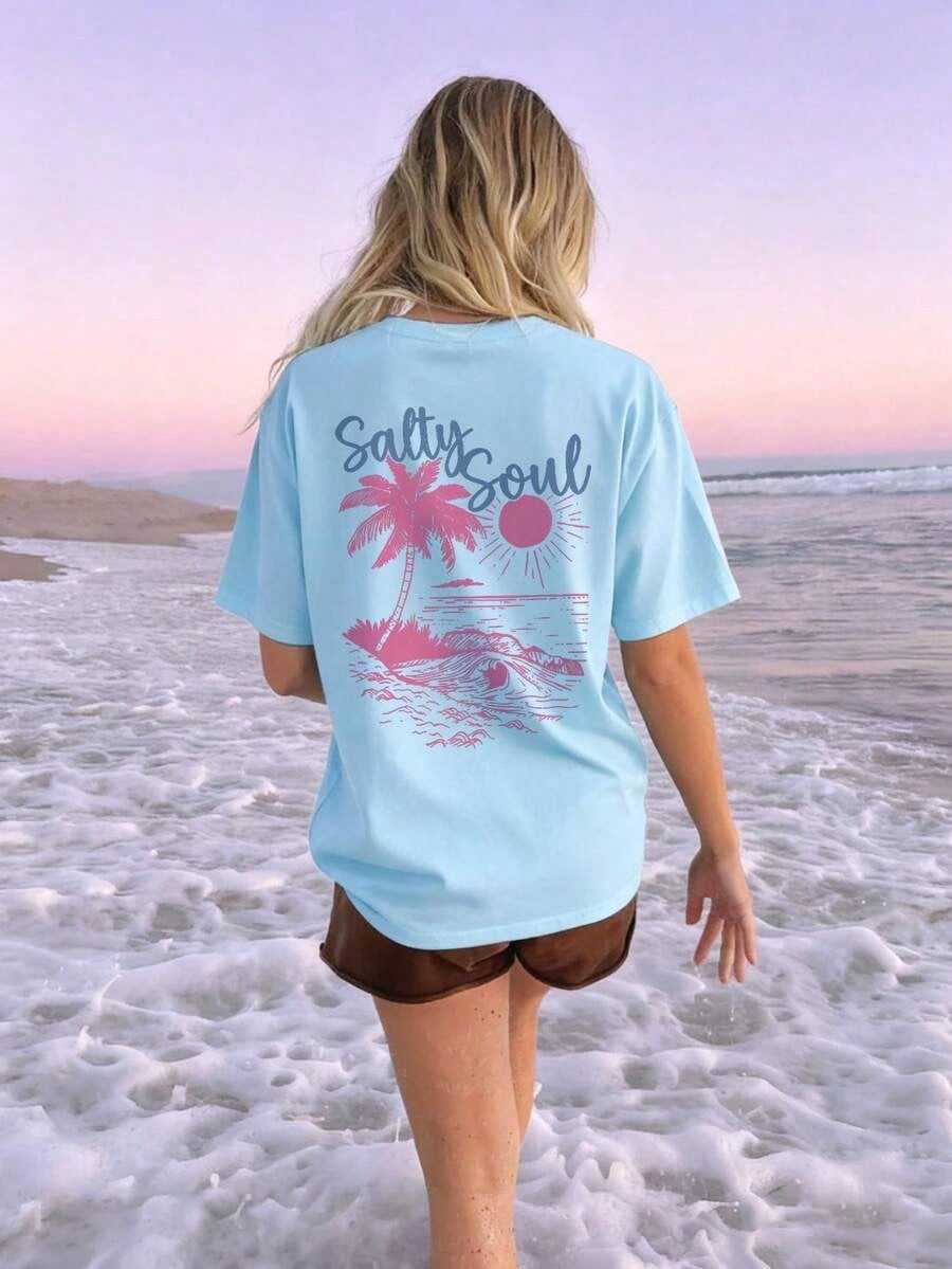 SXV Summer New Coconut Tree & Sunshine Print Casual Round Neck Short Sleeve T-Shirt