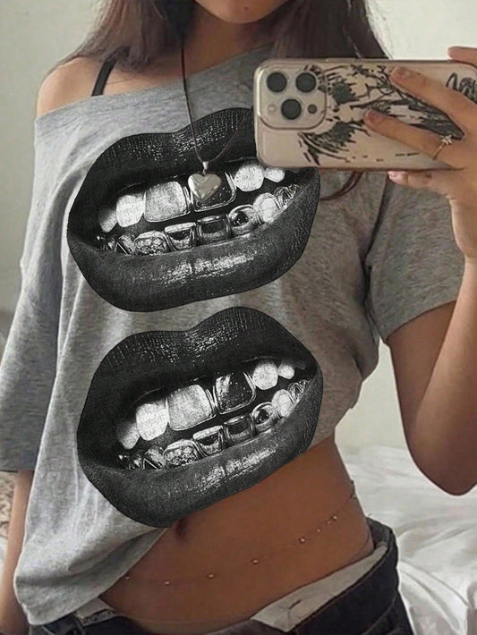 SXV Casual Minimalist Lip Print Off-Shoulder Loose Short Sleeve T-Shirt
