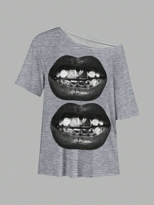 SXV Casual Minimalist Lip Print Off-Shoulder Loose Short Sleeve T-Shirt