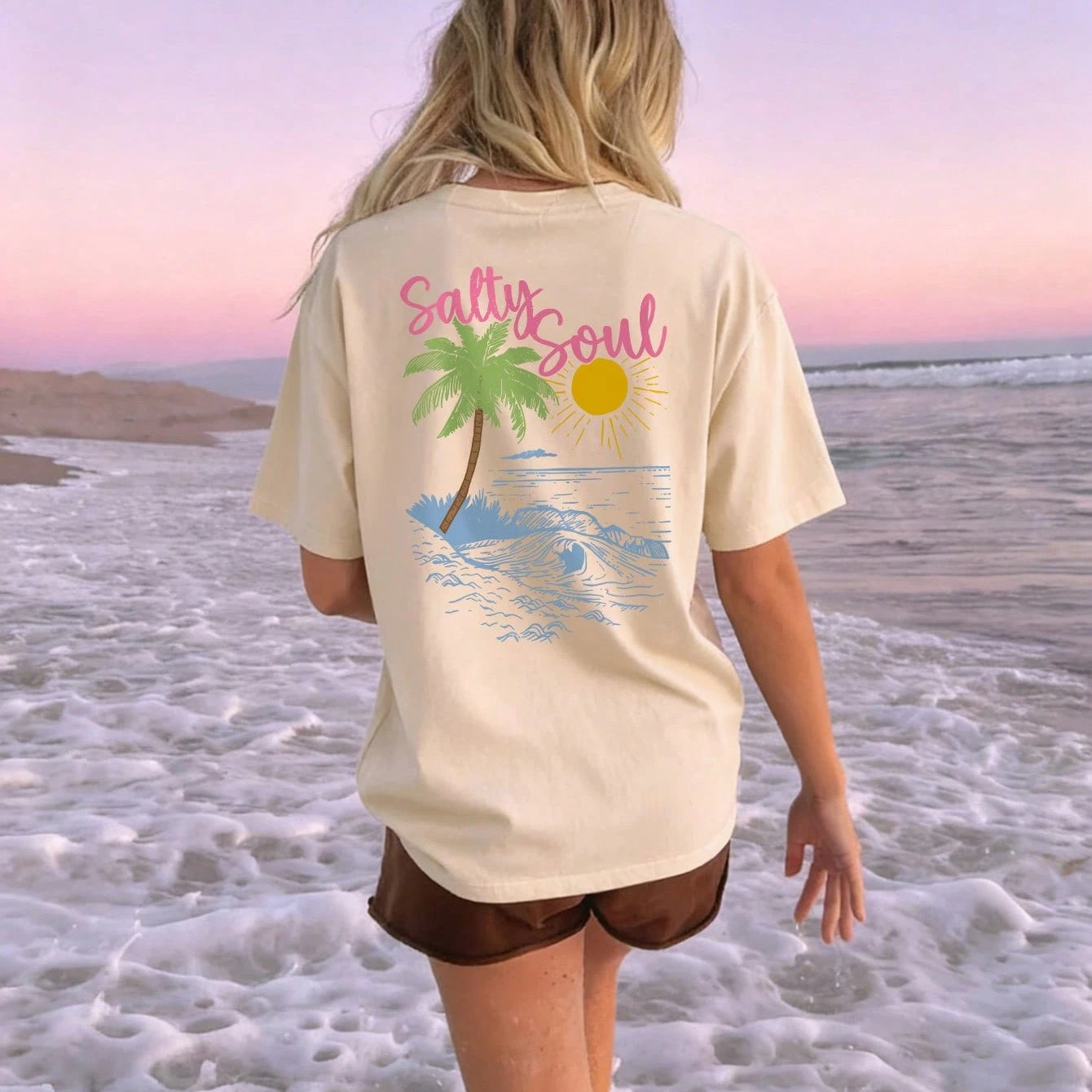 SXV Summer New Coconut Tree Print Casual Round Neck Short Sleeve T-Shirt