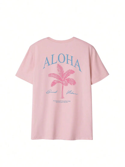 SXV Summer New Palm Tree Slogan Print Casual Round Neck Short Sleeve T-Shirt